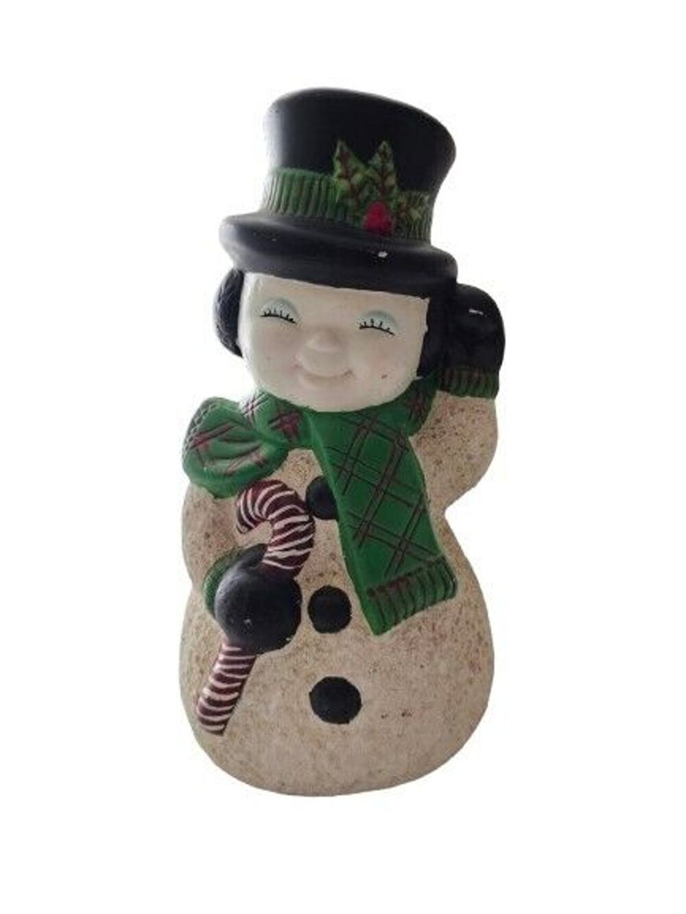 Vintage Snowman Ceramic Hand painted Top Hat Candy Cane Christmas Decor 1970s